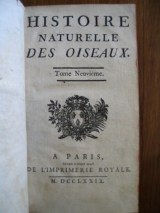 BUFFON. Histoire naturelle des oiseaux. Tome Neuvième. L\'alouette, la fauvette, le rossignol, etc. De l\'Imprimerie royale à Paris, 1779. Gravures.